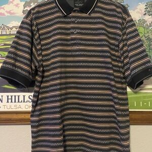 Greg Norman Collection Mens L 100% Cotton Black Tan Geometric Stripe Golf Polo